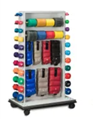 colorful physical therapy weights in storage rack