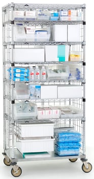 Fully stocked Metro medical storage shelving unit on wheels