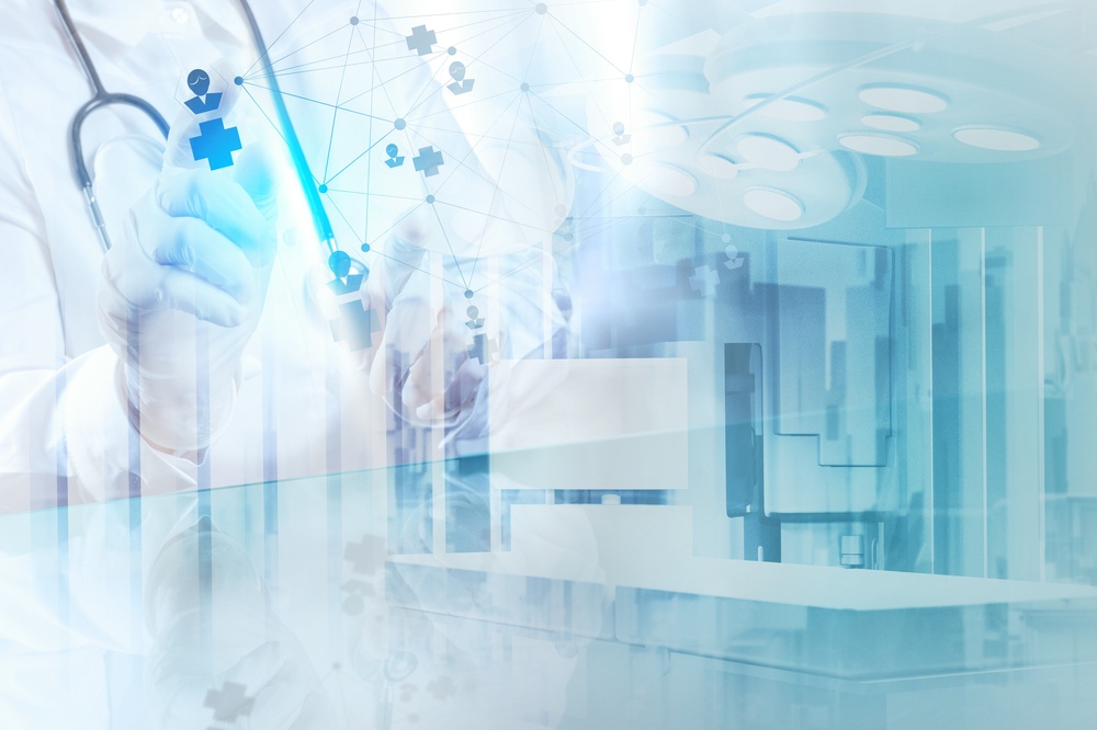 Double exposure of smart medical doctor drawing network with operating room as concept.jpeg