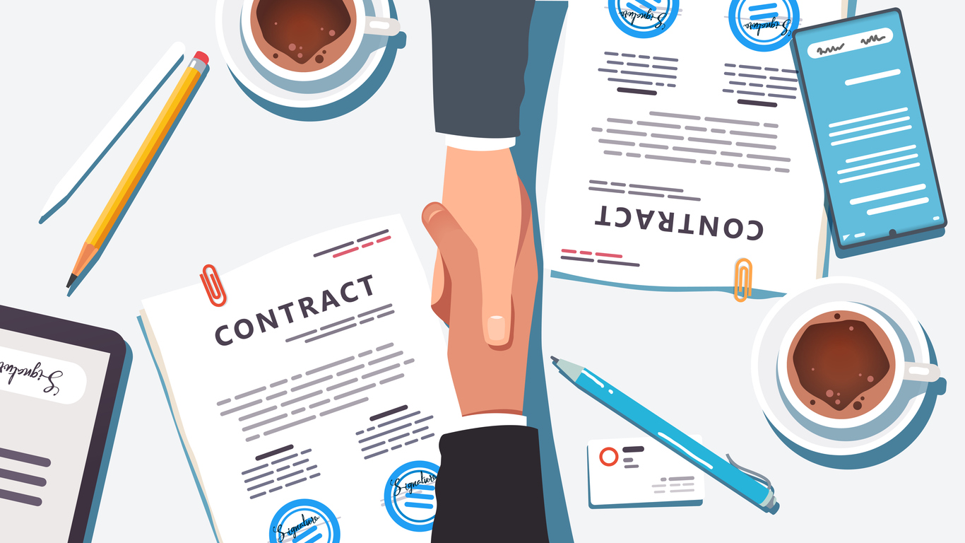 Business people shaking hands over paper and digital signed & stamped contract closing deal. Closeup top view of handshake partnership agreement, desk, phone, tablet, coffee. Flat style vector isolated illustration