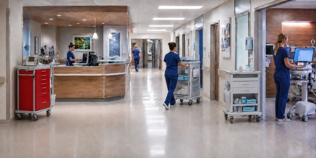 Hospital floor scene showing 4 different types of medical carts in use