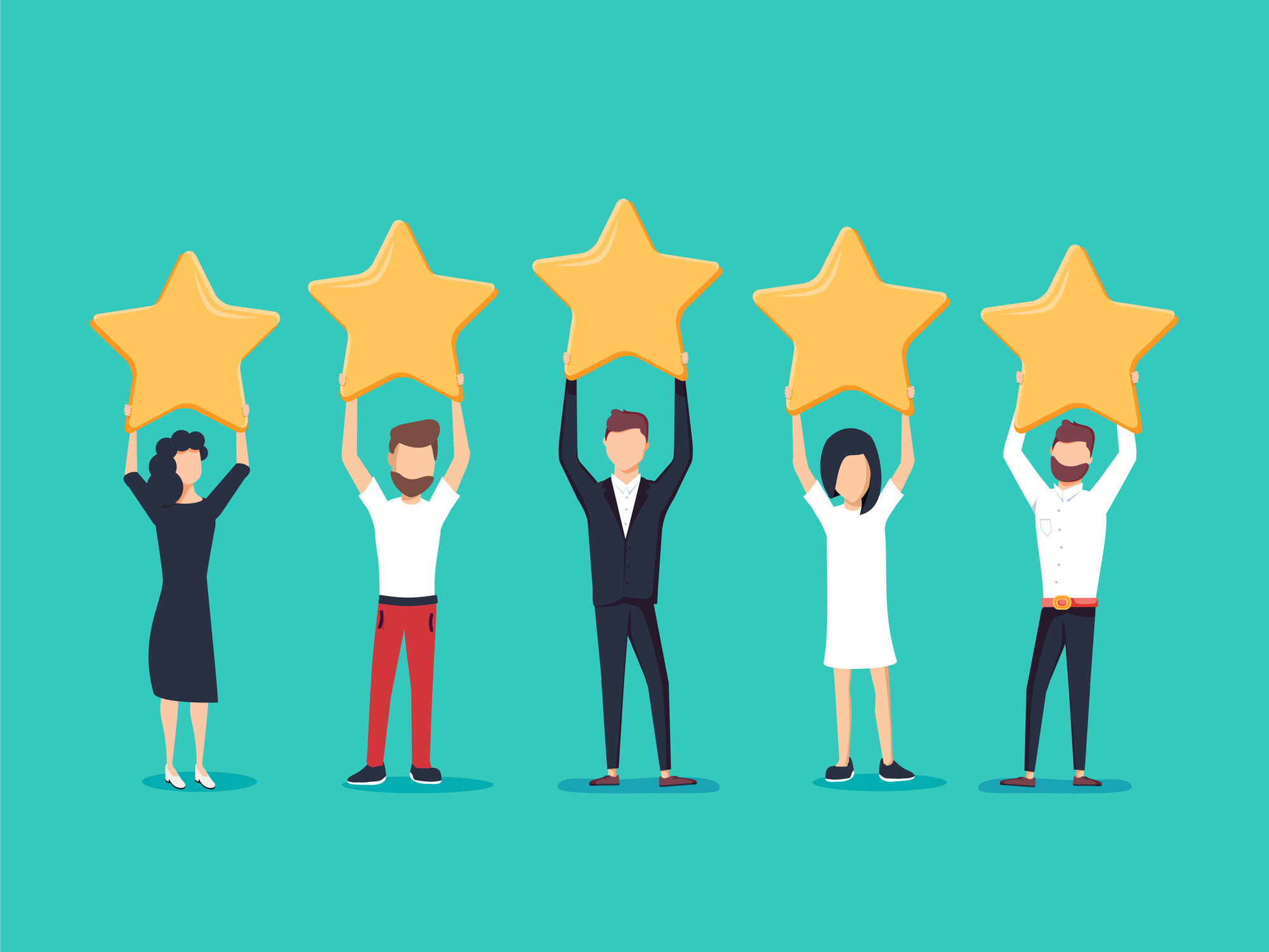 Five stars rating flat style vector concept. People are holding stars over the heads. 