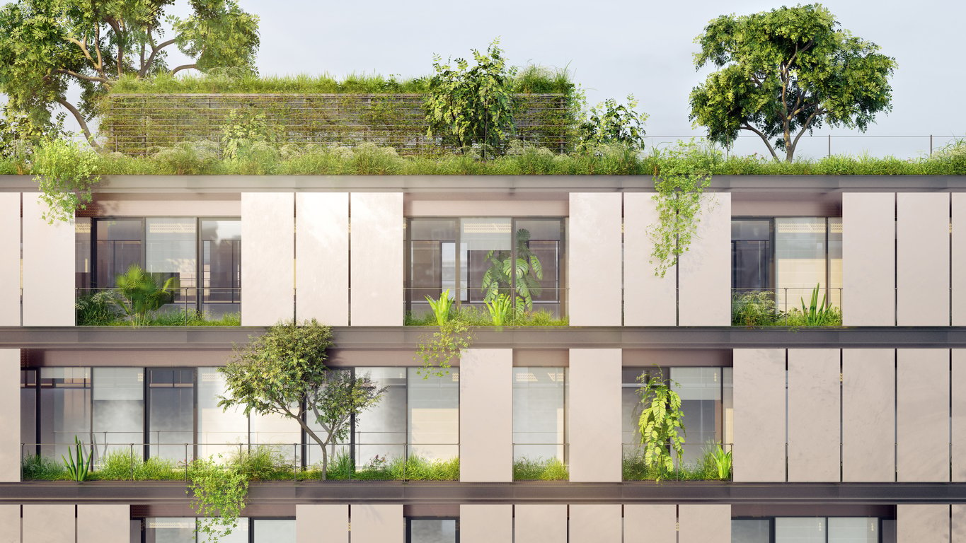 The top of a sustainable green office or residential building